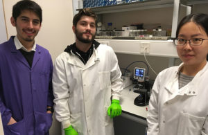 From left to right: Samim Sadid (MPhar student), Leonidas Gkionis (Ph.D. student) and Xue Bai (Ph.D. student)