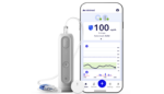 This is a marketing image of the MiniMed Flex system and smartphone app, with Instinct sensor made by Abbott.