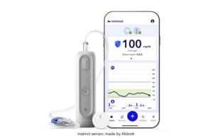 This is a marketing image of the MiniMed Flex system and smartphone app, with Instinct sensor made by Abbott.