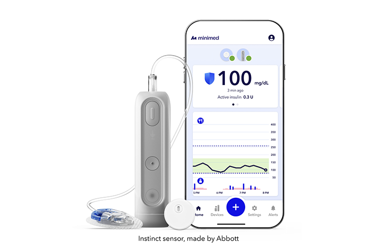 This is a marketing image of the MiniMed Flex system and smartphone app, with Instinct sensor made by Abbott.